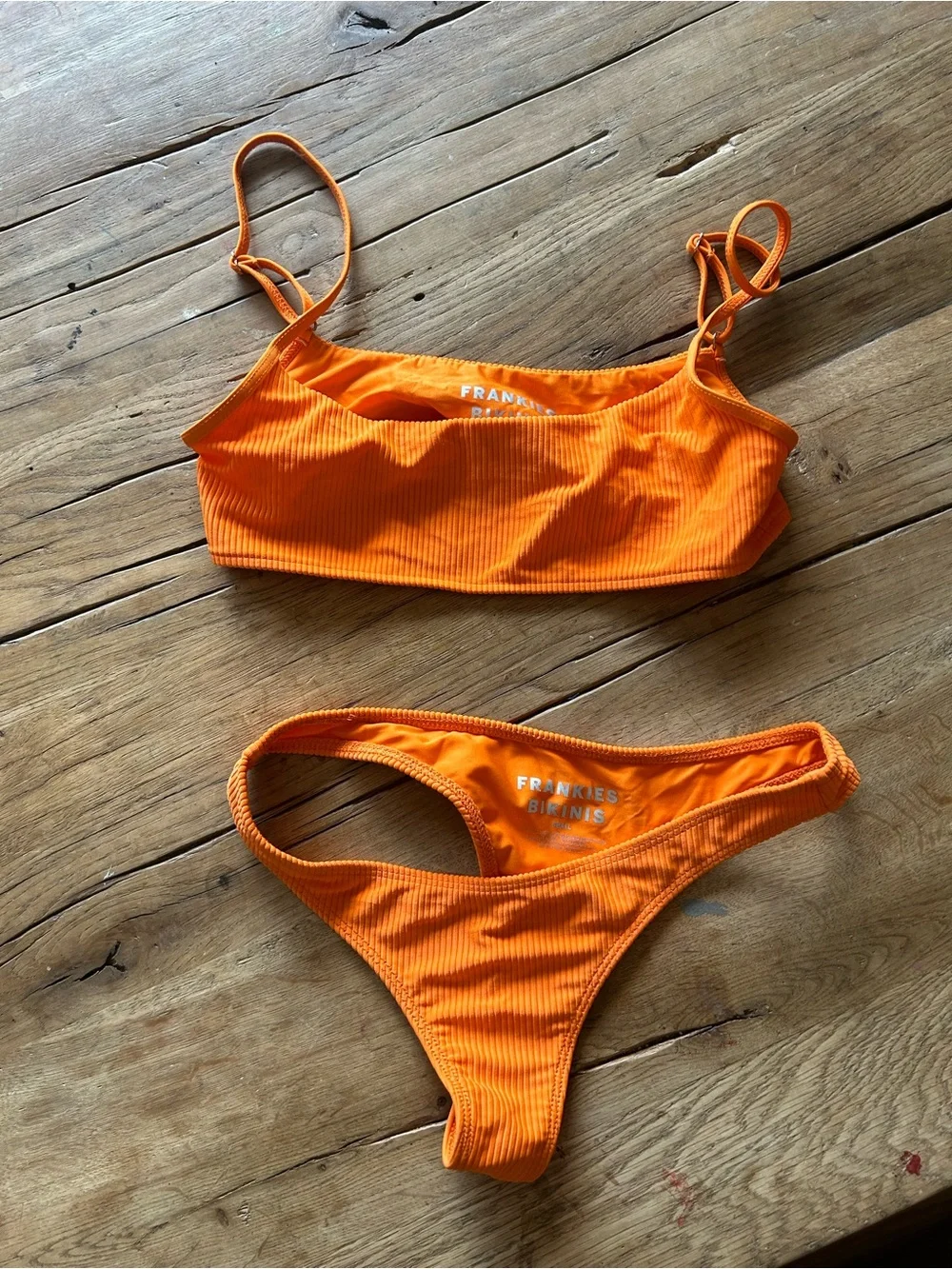 Frankie's Bikinis Orange Ribbed Two-Piece Swim Set cheeky bralette M top S bot